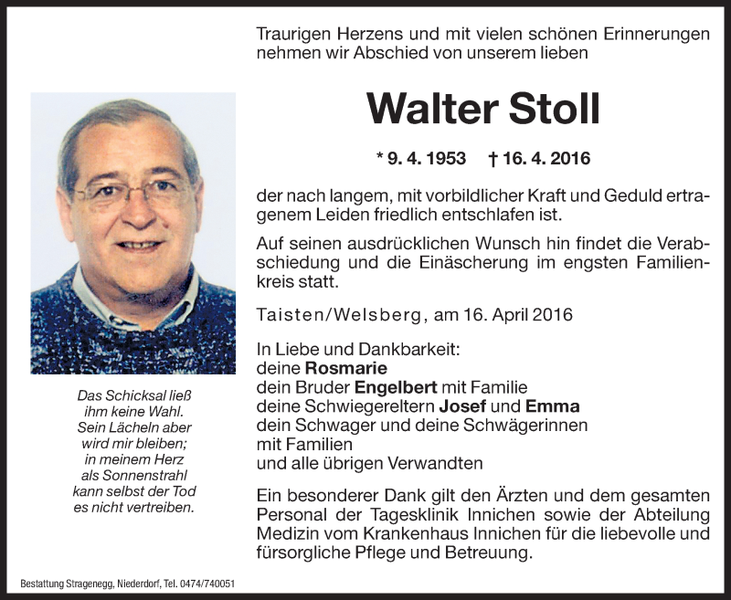  Traueranzeige für Walter Stoll vom 18.04.2016 aus Dolomiten