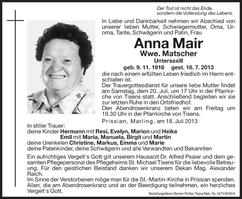  Traueranzeige für Anna Matscher vom 19.07.2013 aus Dolomiten