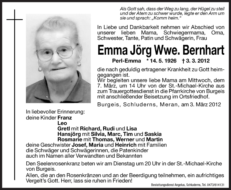  Traueranzeige für Emma Bernhart vom 05.03.2012 aus Dolomiten