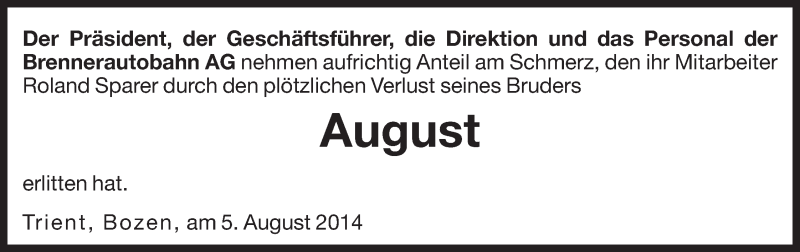  Traueranzeige für August  vom 05.08.2014 aus Dolomiten