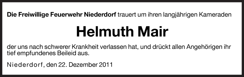  Traueranzeige für Helmuth Mair vom 23.12.2011 aus Dolomiten