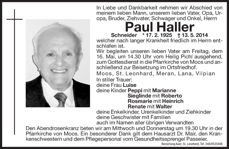  Traueranzeige für Paul Haller vom 14.05.2014 aus Dolomiten