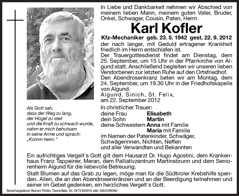  Traueranzeige für Karl Kofler vom 24.09.2012 aus Dolomiten