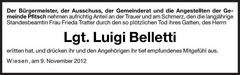  Traueranzeige für Luigi Belletti vom 09.11.2012 aus Dolomiten