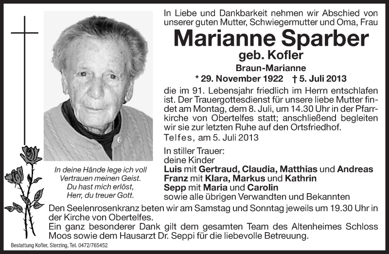  Traueranzeige für Marianne Sparber vom 06.07.2013 aus Dolomiten