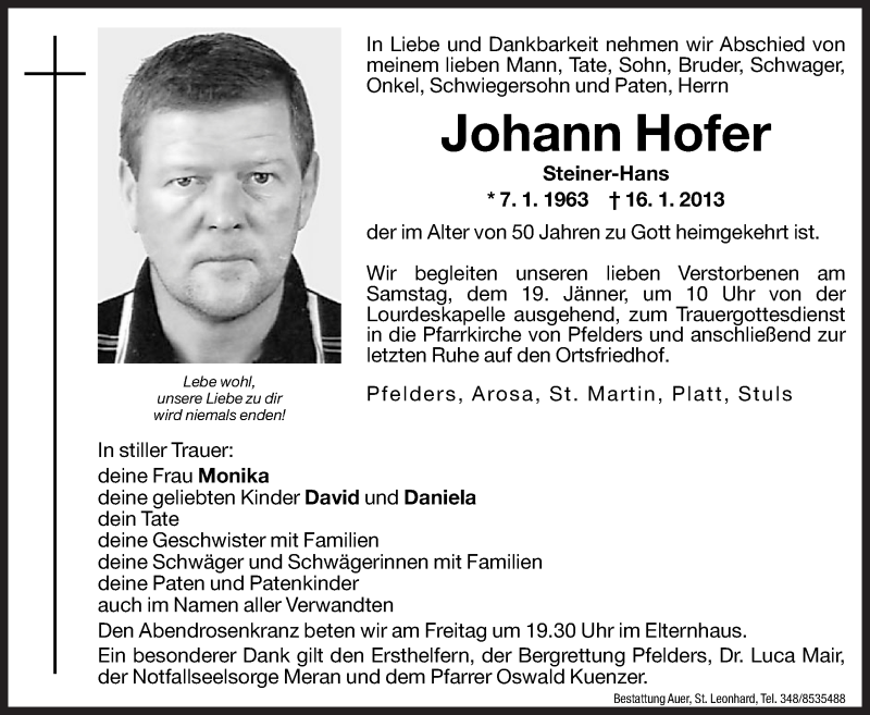  Traueranzeige für Johann Hofer vom 18.01.2013 aus Dolomiten