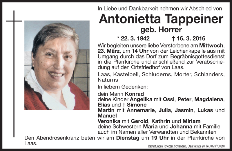  Traueranzeige für Antonietta Tappeiner vom 22.03.2016 aus Dolomiten