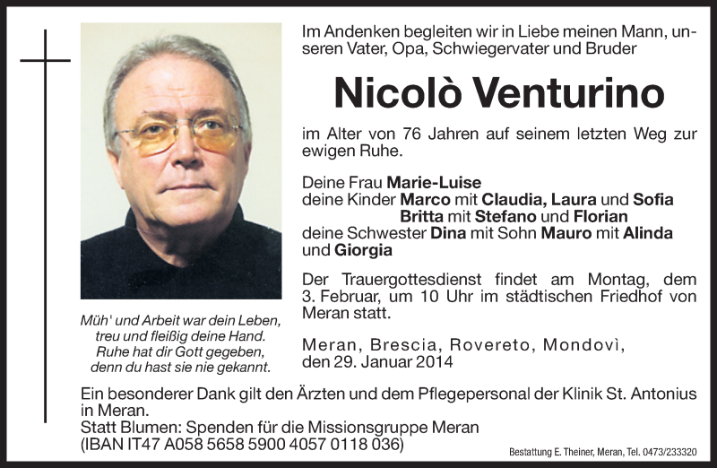  Traueranzeige für Nicolo Venturino vom 31.01.2014 aus Dolomiten