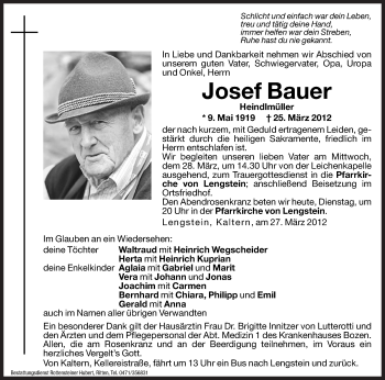 Traueranzeige von Josef Bauer von Dolomiten