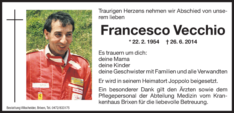  Traueranzeige für Francesco Vecchio vom 28.06.2014 aus Dolomiten