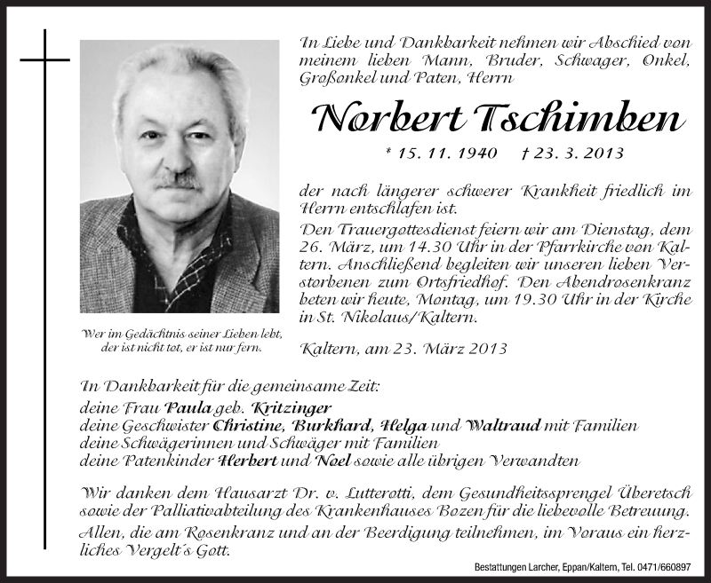  Traueranzeige für Norbert Tschimben vom 25.03.2013 aus Dolomiten