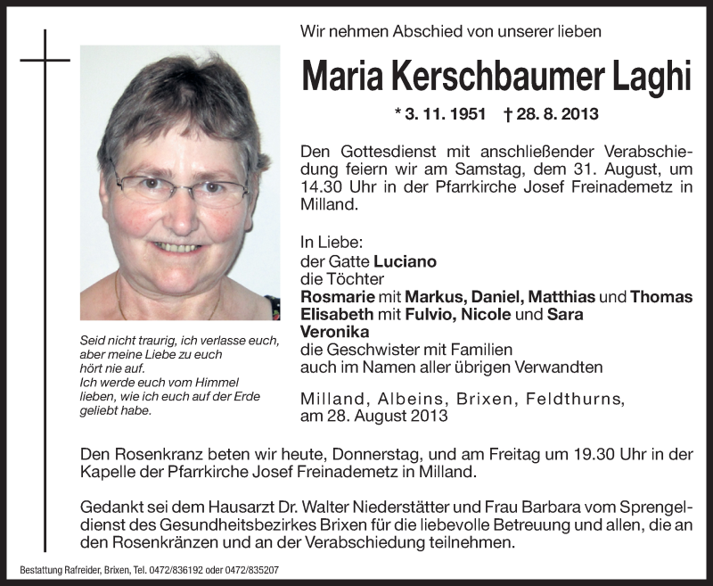  Traueranzeige für Maria Kerschbaumer Laghi vom 29.08.2013 aus Dolomiten