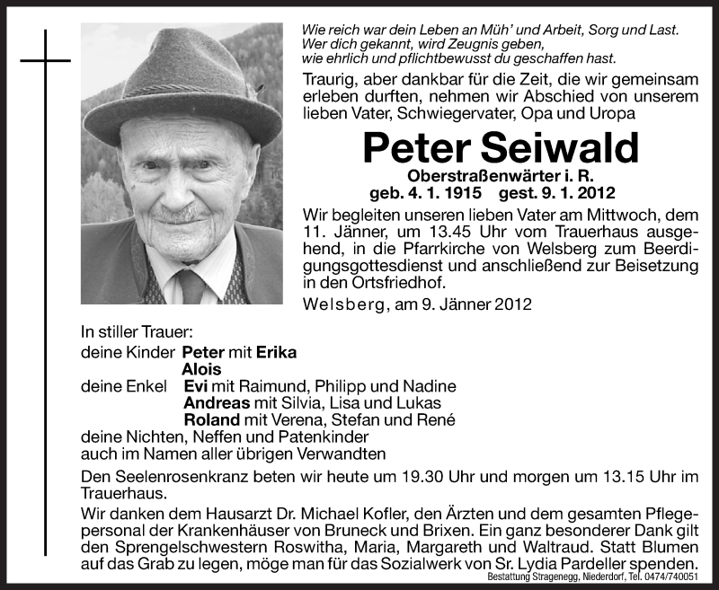  Traueranzeige für Peter Seiwald vom 10.01.2012 aus Dolomiten