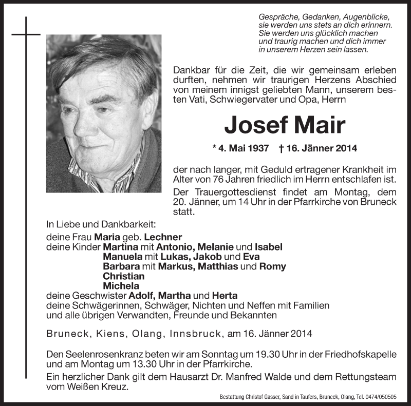  Traueranzeige für Josef Mair vom 18.01.2014 aus Dolomiten