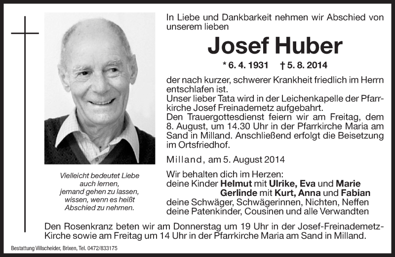  Traueranzeige für Josef Huber vom 07.08.2014 aus Dolomiten