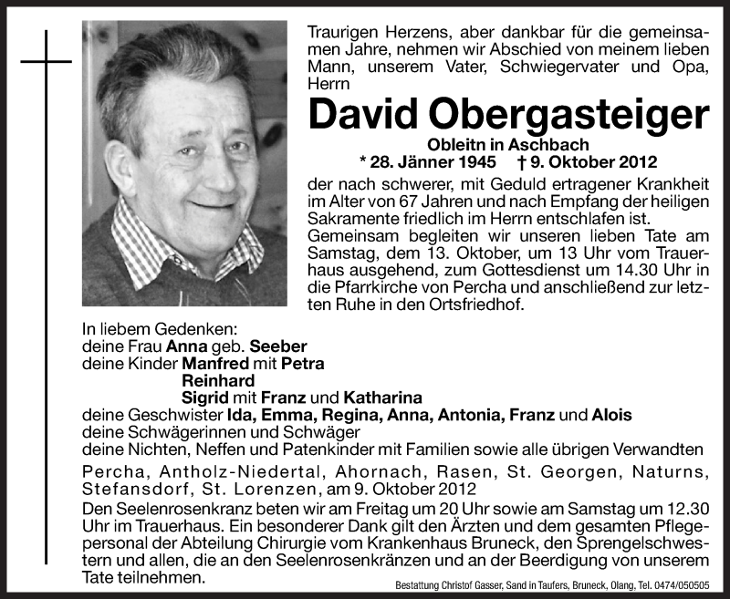  Traueranzeige für David Obergasteiger vom 12.10.2012 aus Dolomiten