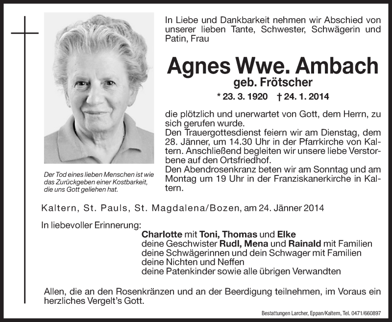  Traueranzeige für Agnes Ambach vom 25.01.2014 aus Dolomiten