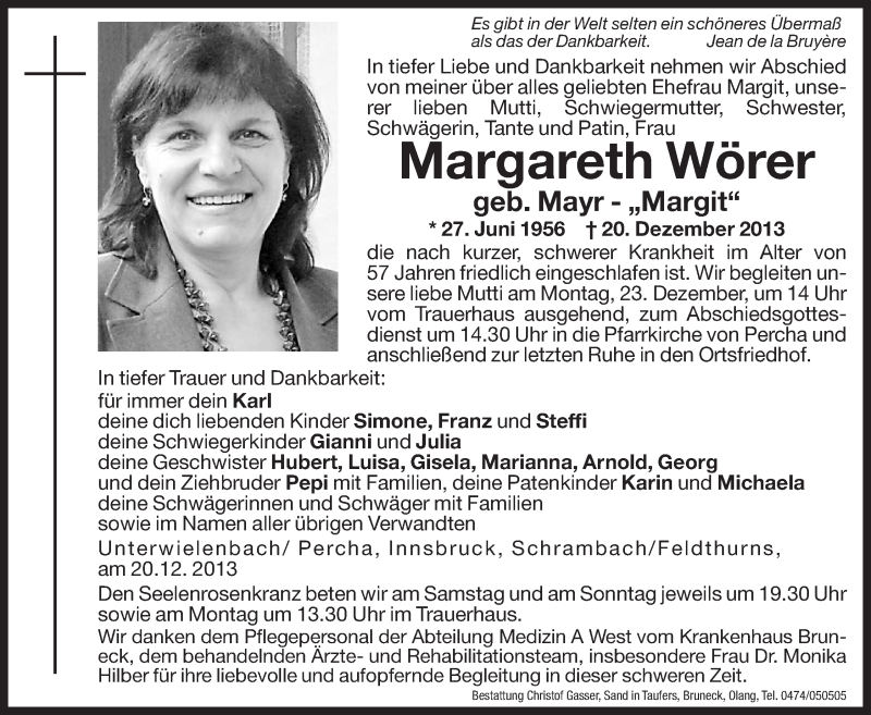  Traueranzeige für Margareth Wörer vom 21.12.2013 aus Dolomiten