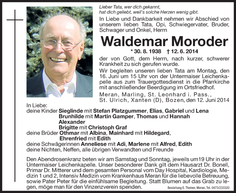  Traueranzeige für Waldemar Moroder vom 13.06.2014 aus Dolomiten