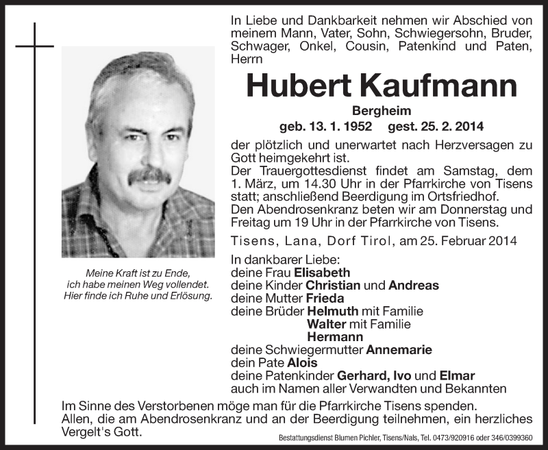  Traueranzeige für Hubert Kaufmann vom 27.02.2014 aus Dolomiten