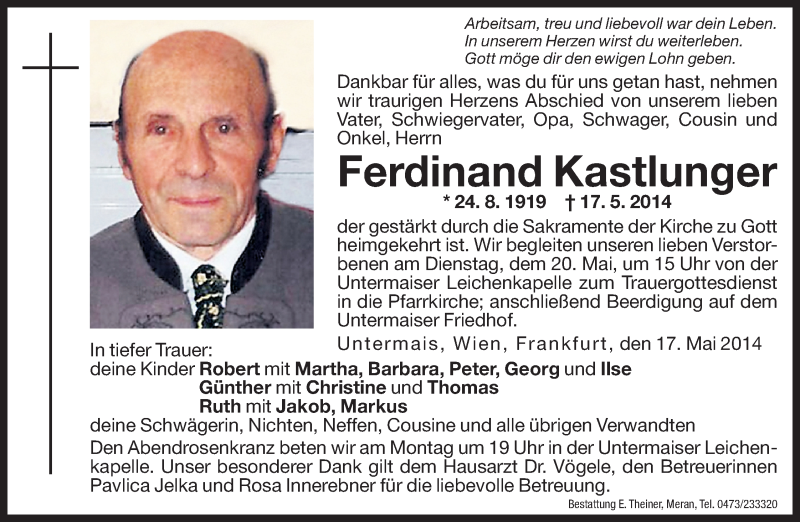  Traueranzeige für Ferdinand Kastlunger vom 19.05.2014 aus Dolomiten