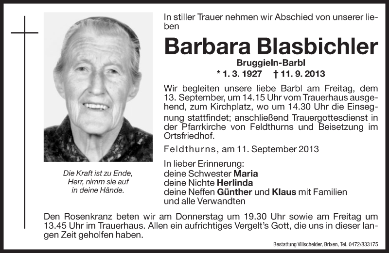  Traueranzeige für Barbara Blasbichler vom 12.09.2013 aus Dolomiten