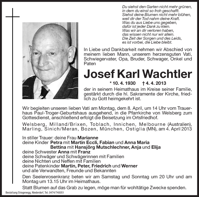  Traueranzeige für Josef Karl Wachtler vom 06.04.2013 aus Dolomiten