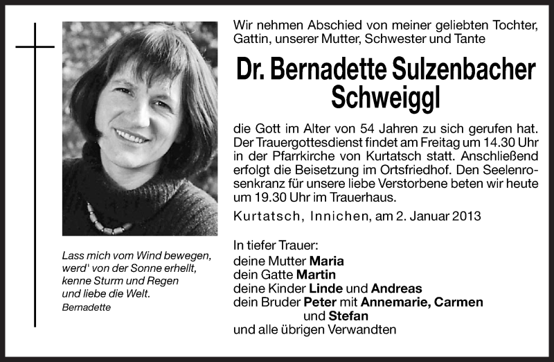  Traueranzeige für Bernadette Sulzenbacher Schweiggl vom 03.01.2013 aus Dolomiten