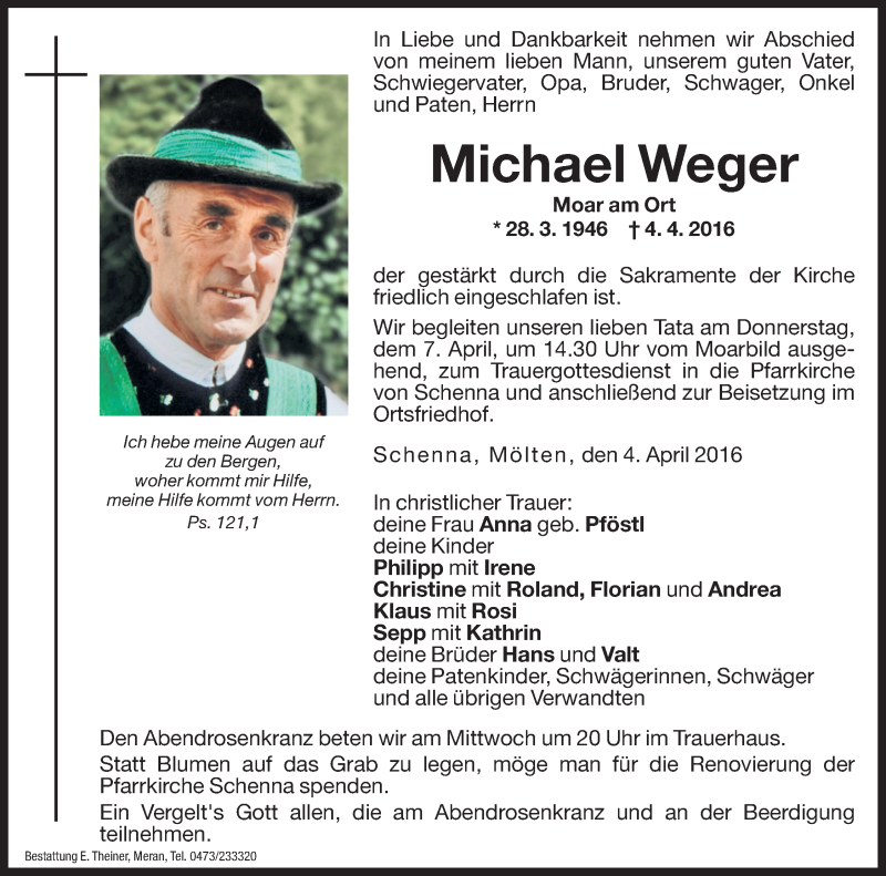  Traueranzeige für Michael Weger vom 06.04.2016 aus Dolomiten