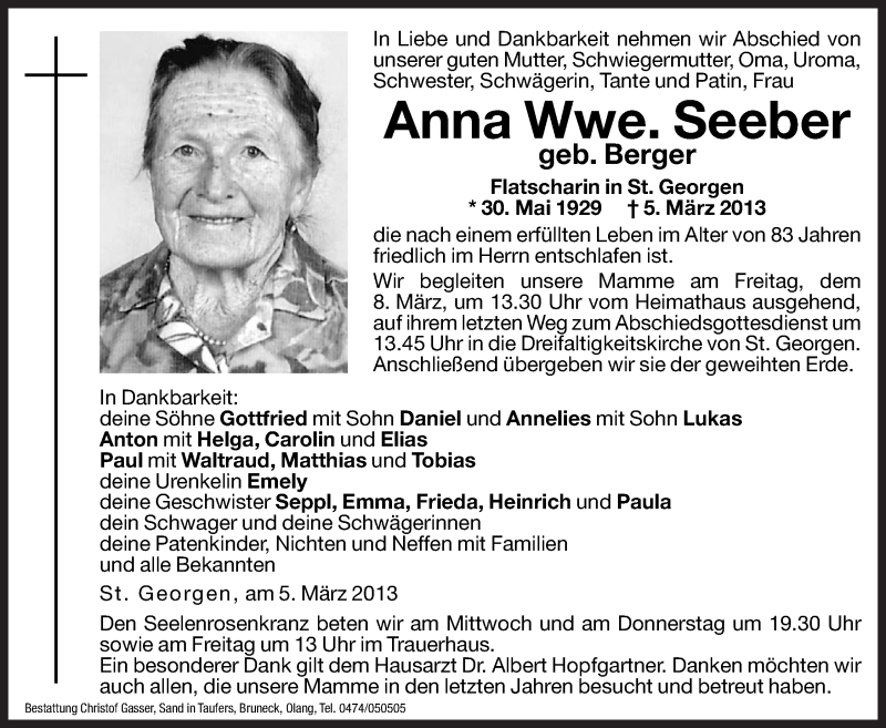  Traueranzeige für Anna Seeber vom 06.03.2013 aus Dolomiten