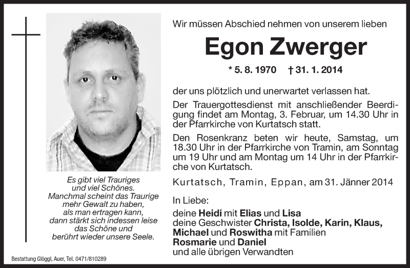  Traueranzeige für Egon Zwerger vom 01.02.2014 aus Dolomiten