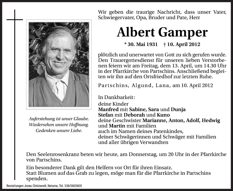  Traueranzeige für Albert Gamper vom 12.04.2012 aus Dolomiten