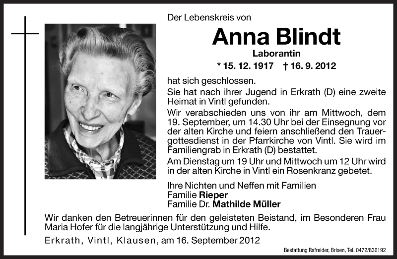  Traueranzeige für Anna Blindt vom 18.09.2012 aus Dolomiten