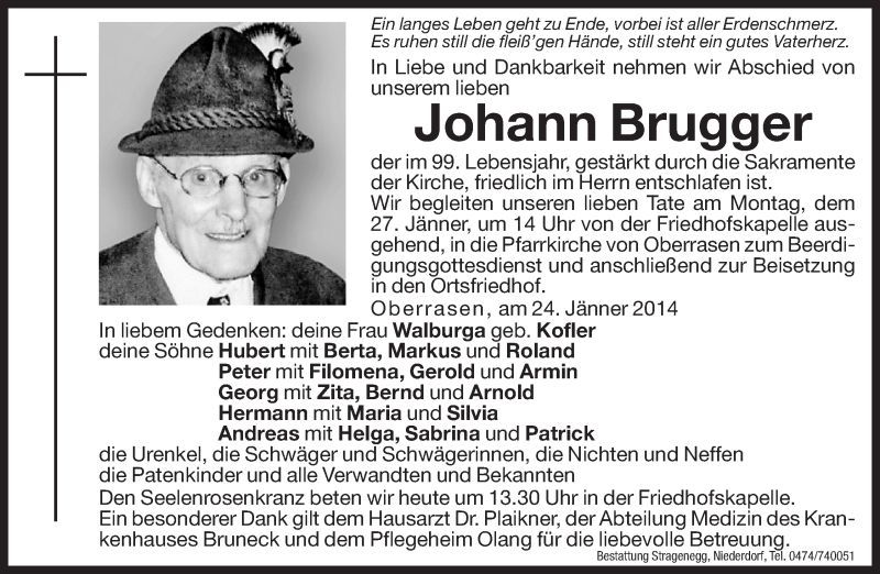  Traueranzeige für Johann Brugger vom 27.01.2014 aus Dolomiten