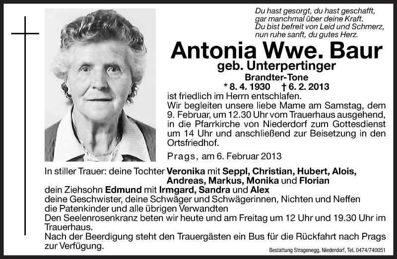  Traueranzeige für Antonia Baur vom 07.02.2013 aus Dolomiten