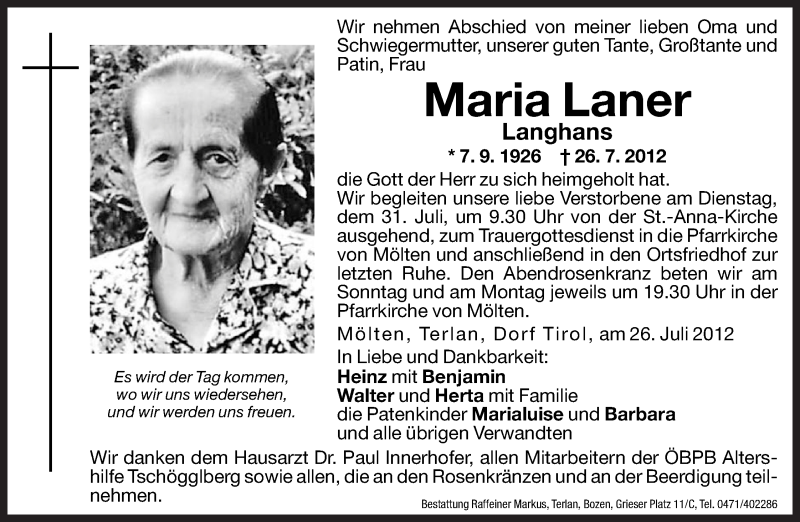  Traueranzeige für Maria Laner vom 28.07.2012 aus Dolomiten