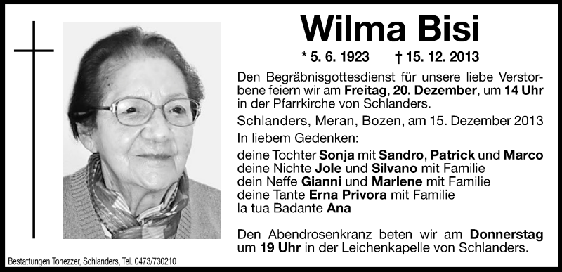  Traueranzeige für Wilma Bisi vom 18.12.2013 aus Dolomiten