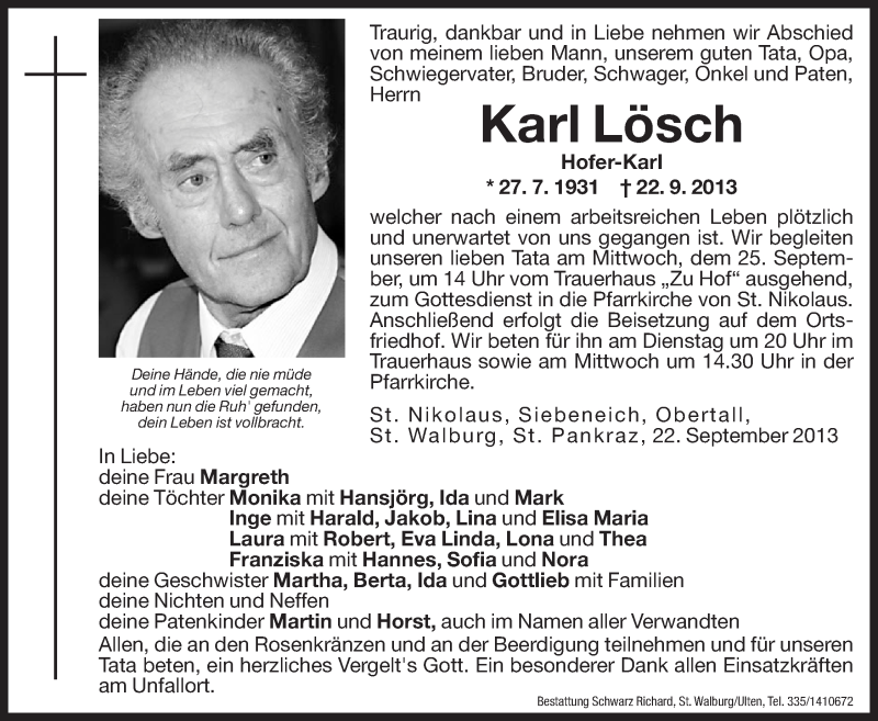  Traueranzeige für Karl Lösch vom 24.09.2013 aus Dolomiten