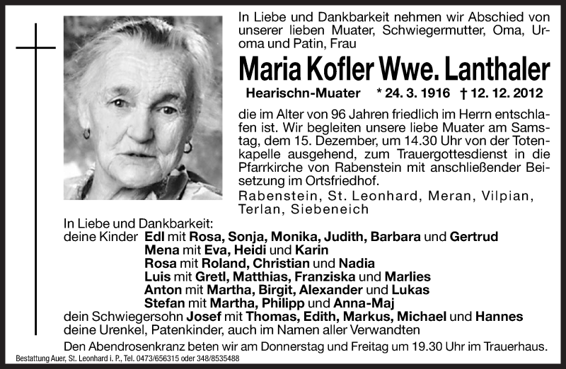  Traueranzeige für Maria Lanthaler vom 13.12.2012 aus Dolomiten