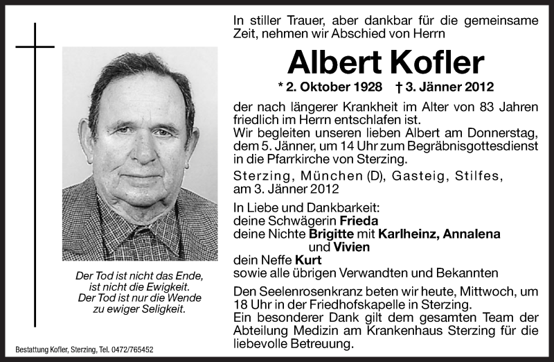  Traueranzeige für Albert Kofler vom 04.01.2012 aus Dolomiten