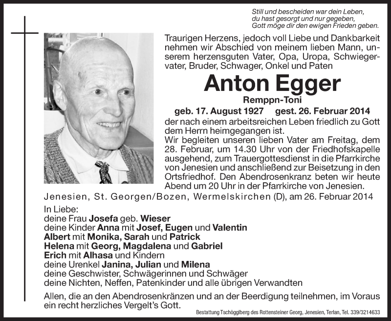  Traueranzeige für Anton Egger vom 27.02.2014 aus Dolomiten