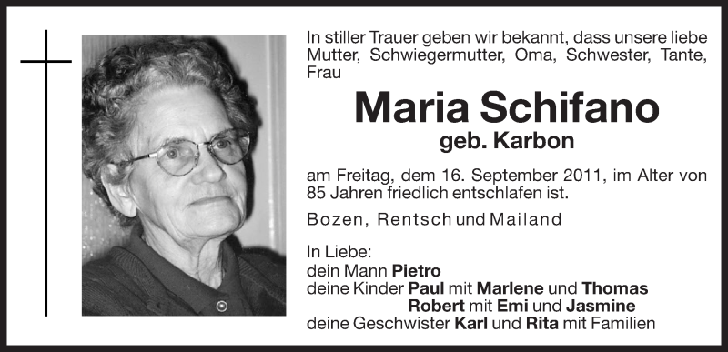  Traueranzeige für Maria Schifano vom 21.09.2011 aus Dolomiten