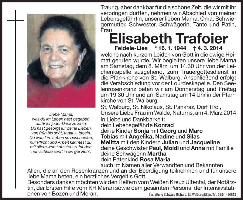  Traueranzeige für Elisabeth Trafoier vom 06.03.2014 aus Dolomiten