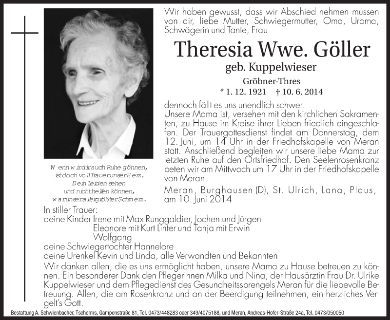  Traueranzeige für Theresia Göller vom 11.06.2014 aus Dolomiten