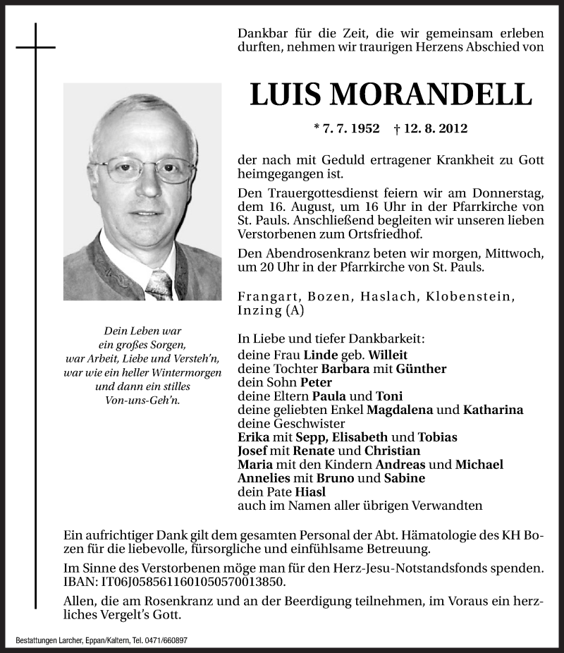  Traueranzeige für Luis Morandell vom 14.08.2012 aus Dolomiten