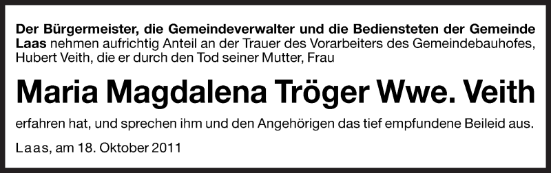  Traueranzeige für Maria Magdalena Veith vom 19.10.2011 aus Dolomiten