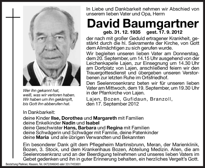  Traueranzeige für David Baumgartner vom 19.09.2012 aus Dolomiten