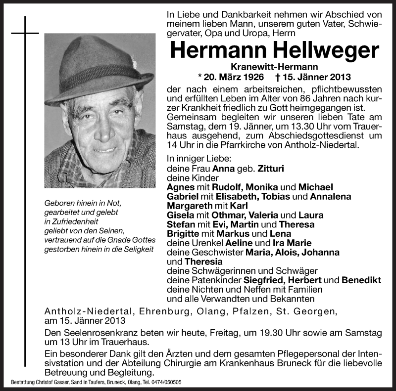  Traueranzeige für Hermann Hellweger vom 18.01.2013 aus Dolomiten