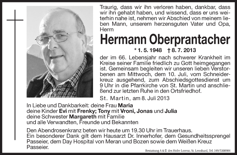  Traueranzeige für Hermann Oberprantacher vom 09.07.2013 aus Dolomiten