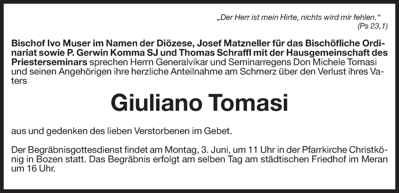  Traueranzeige für Giuliano Tomasi vom 01.06.2013 aus Dolomiten